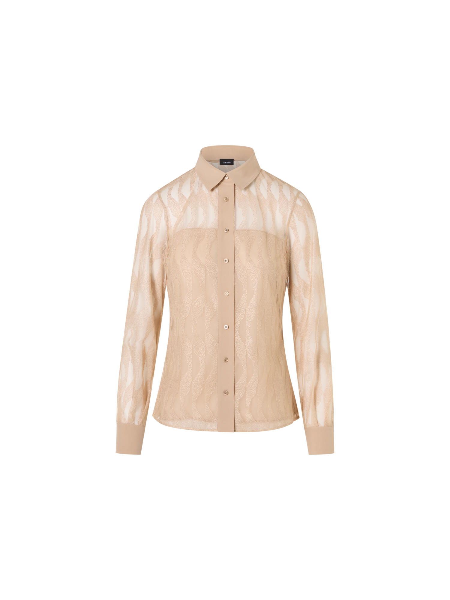 Designer Langärmelige Bluse mit High Plains Stickerei auf Tüll - Beige