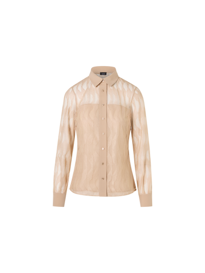 Designer Langärmelige Bluse mit High Plains Stickerei auf Tüll - Beige