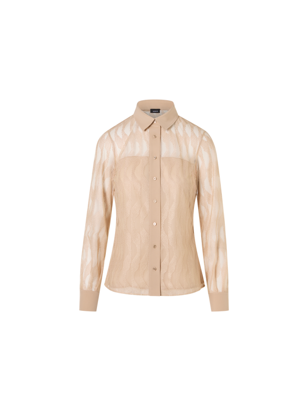 Designer Langärmelige Bluse mit High Plains Stickerei auf Tüll - Beige