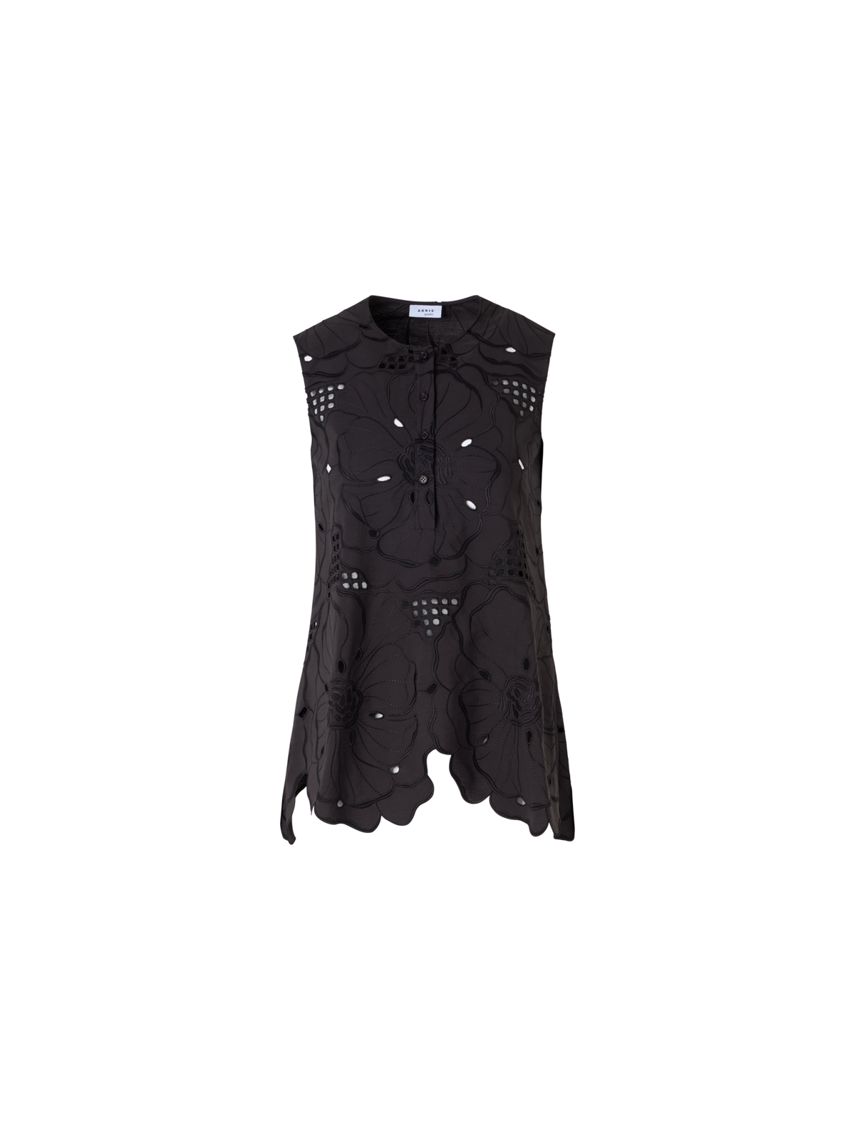 Designer Ärmellose Tunikabluse mit Blumen-Lochstickerei - Schwarz