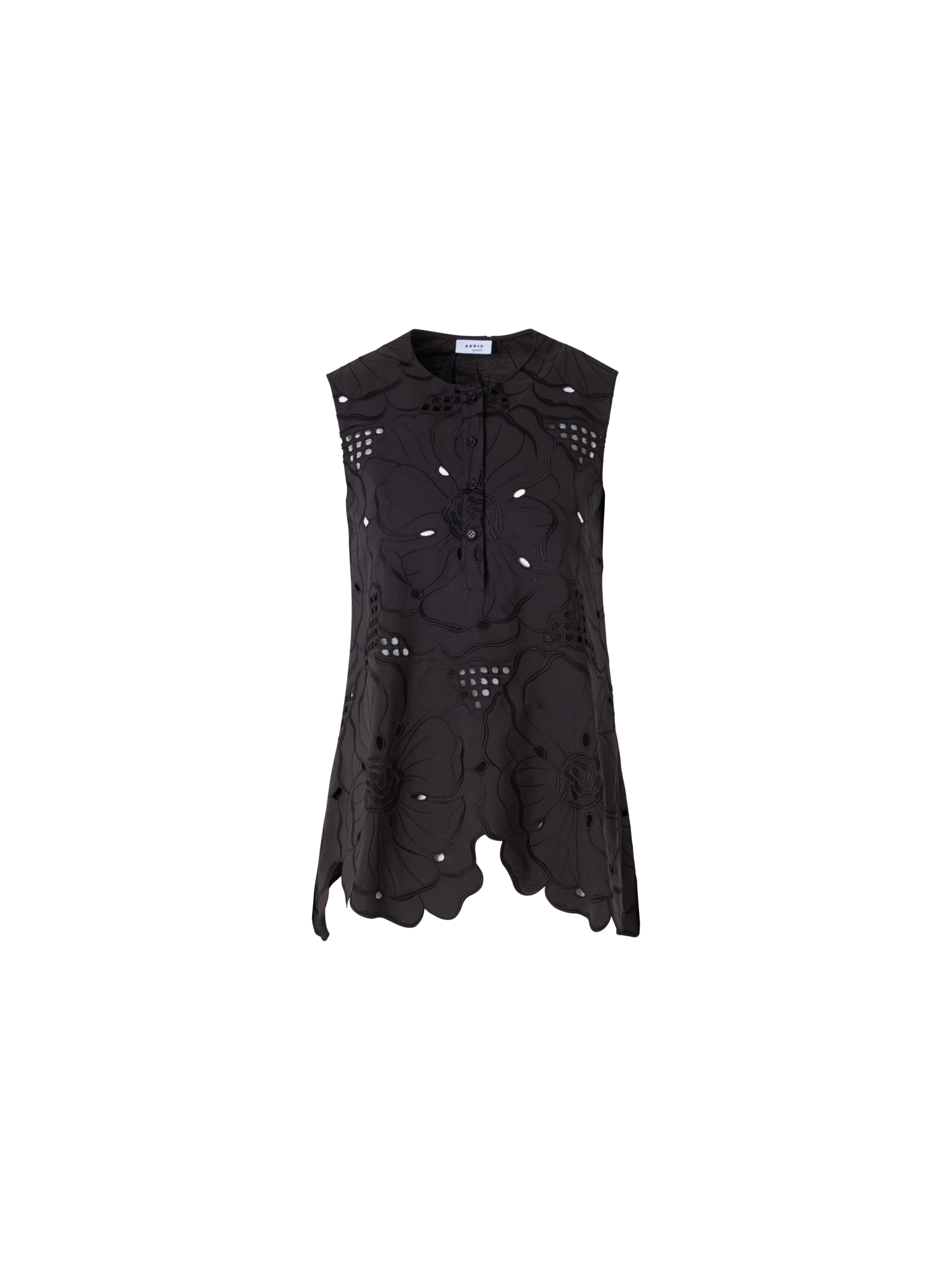 Designer Ärmellose Tunikabluse mit Blumen-Lochstickerei - Schwarz