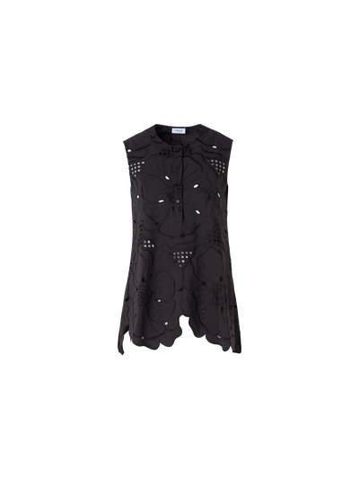 Designer Ärmellose Tunikabluse mit Blumen-Lochstickerei - Schwarz