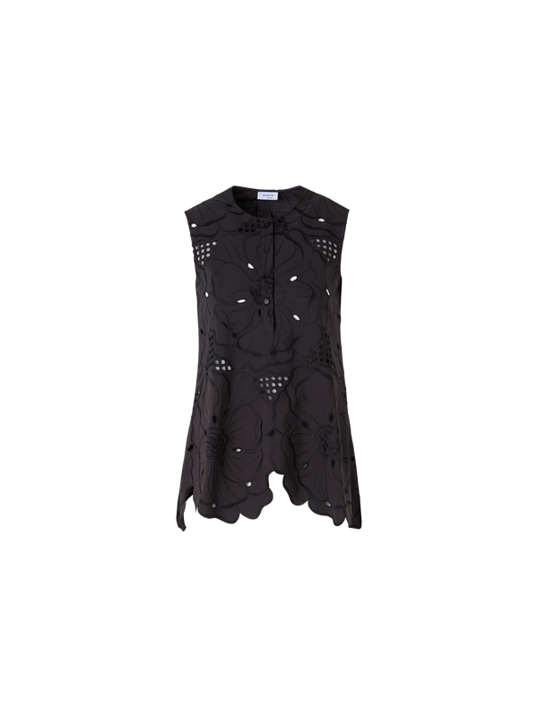 Designer Ärmellose Tunikabluse mit Blumen-Lochstickerei - Schwarz