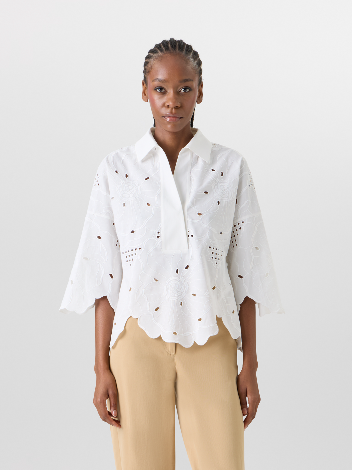 Designer 3/4-Arm-Bluse mit Blumen-Lochstickerei - Weiss #editorial