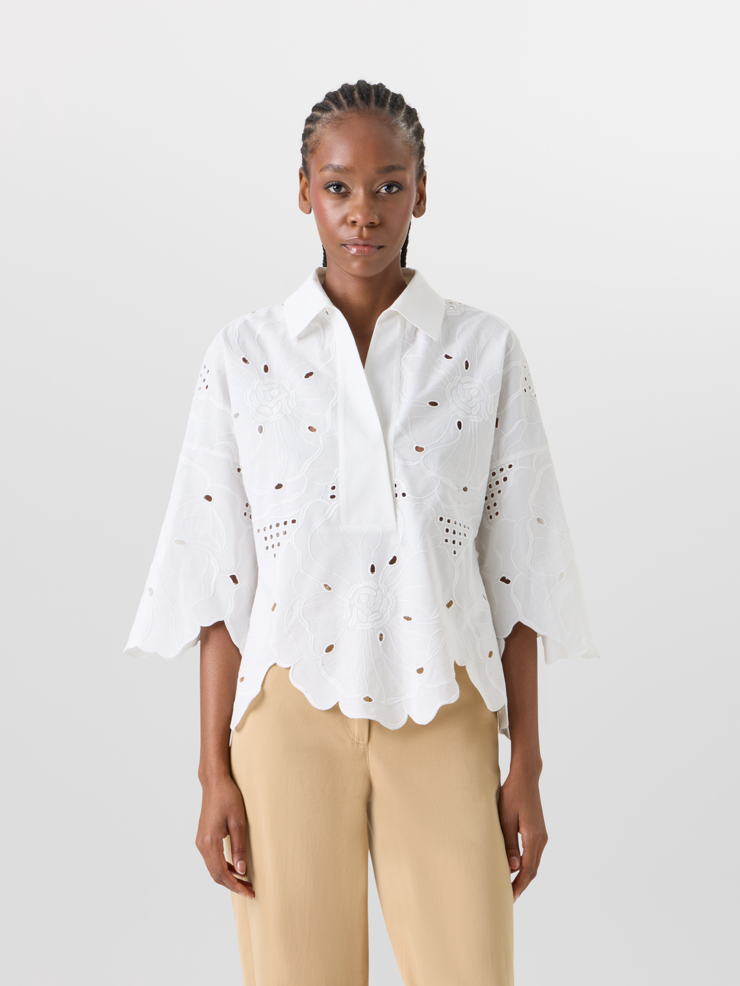 Designer 3/4-Arm-Bluse mit Blumen-Lochstickerei - Weiss 