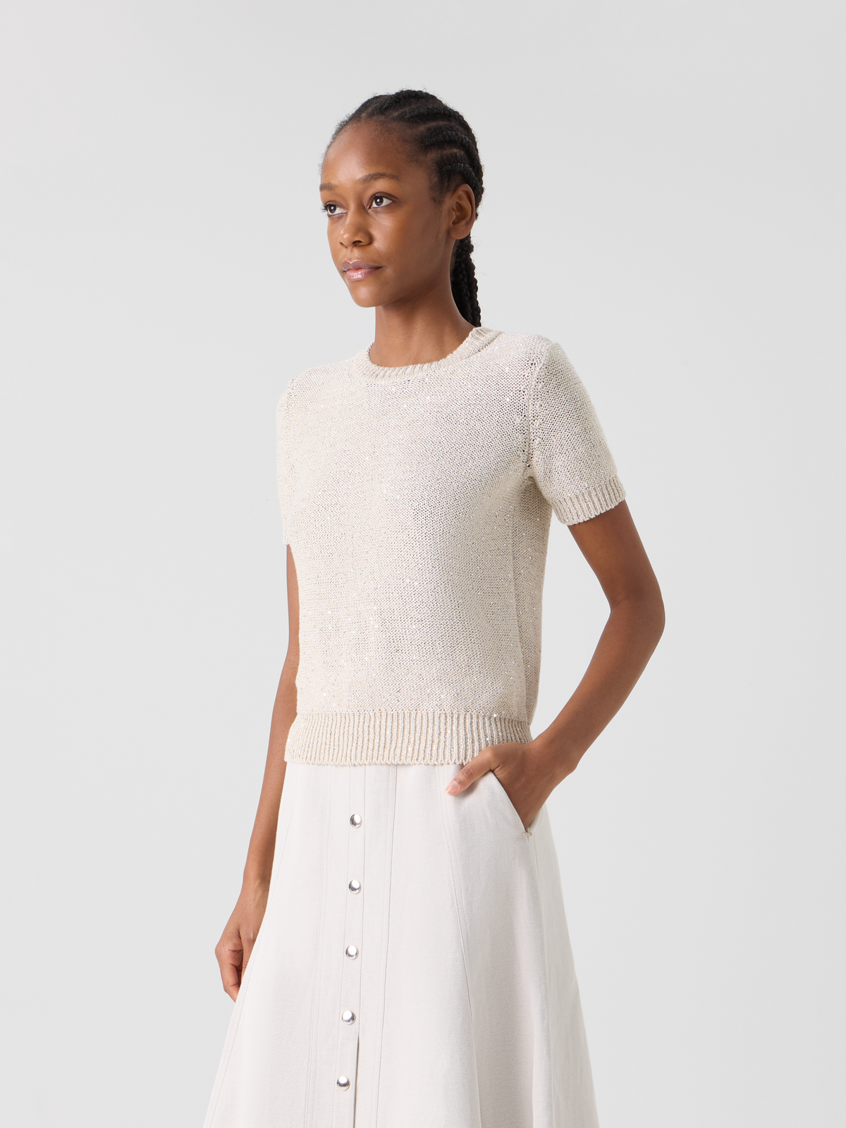 Designer Kurzärmliger Leinen-Baumwoll-Pullover mit Pailletten - Beige #editorial