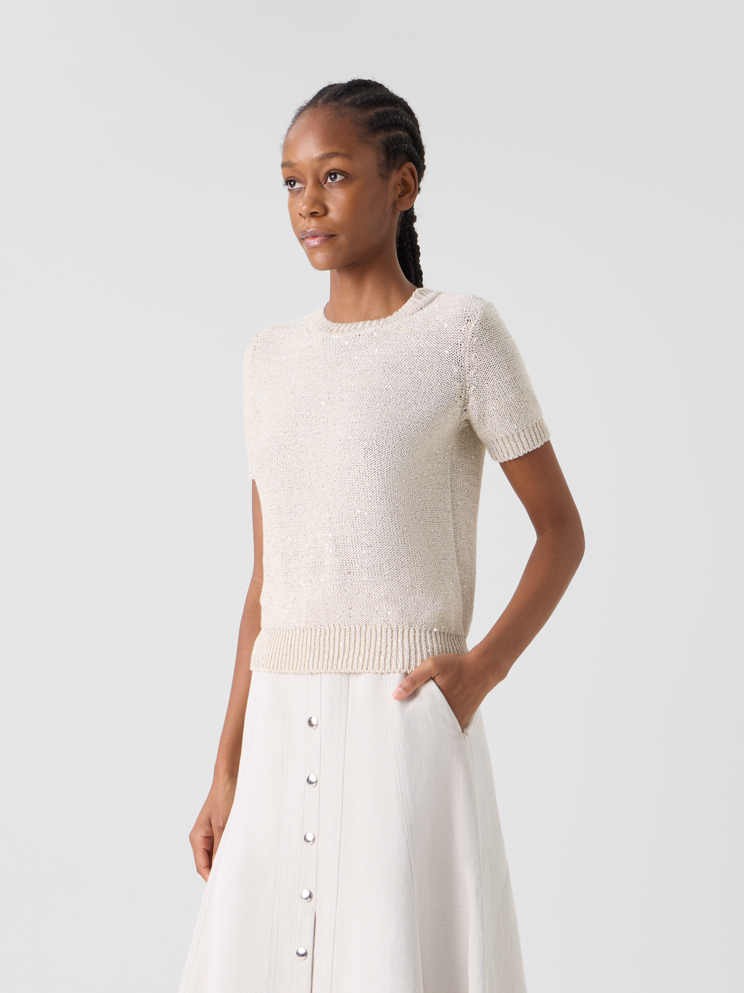 Designer Kurzärmliger Leinen-Baumwoll-Pullover mit Pailletten - Beige 