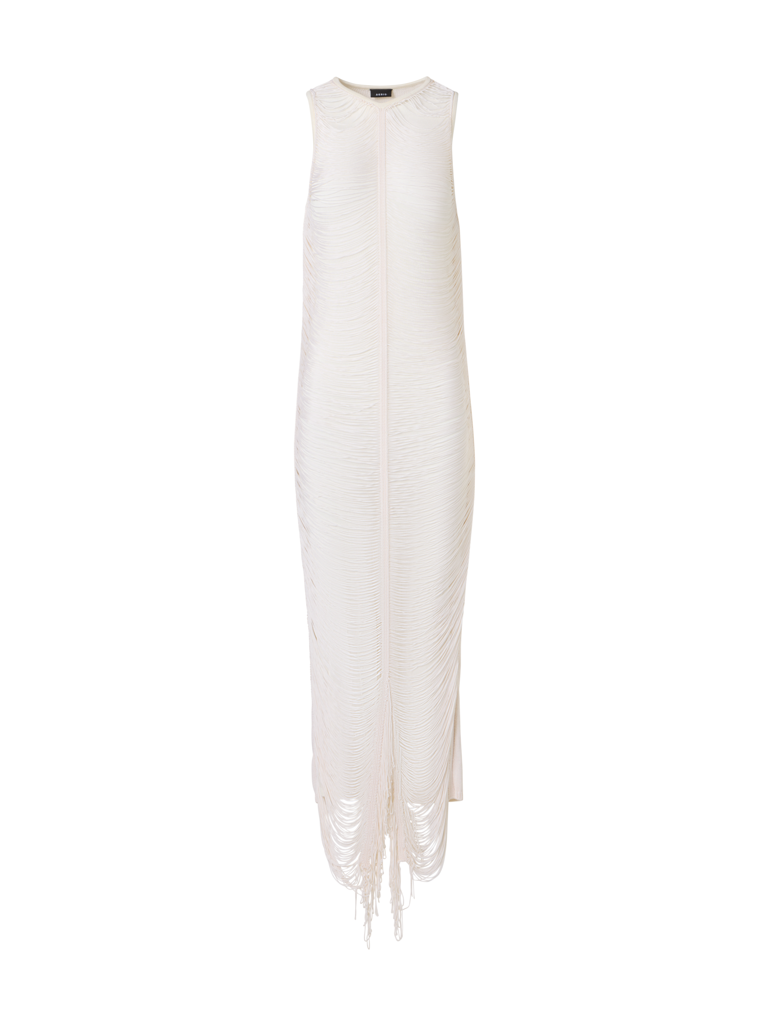 Designer Ärmelloses Maxi-Strickkleid aus Seide mit Fransendrapierung - Ecru