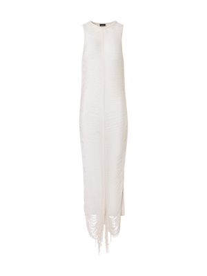 Designer Ärmelloses Maxi-Strickkleid aus Seide mit Fransendrapierung - Ecru