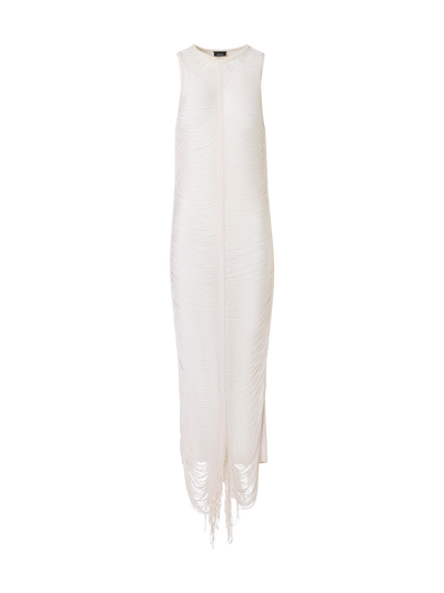 Designer Ärmelloses Maxi-Strickkleid aus Seide mit Fransendrapierung - Ecru