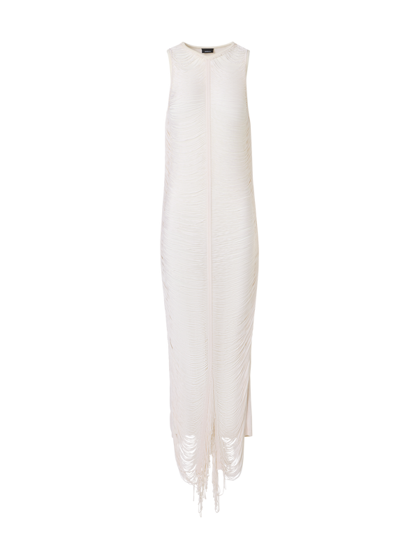 Designer Ärmelloses Maxi-Strickkleid aus Seide mit Fransendrapierung - Ecru