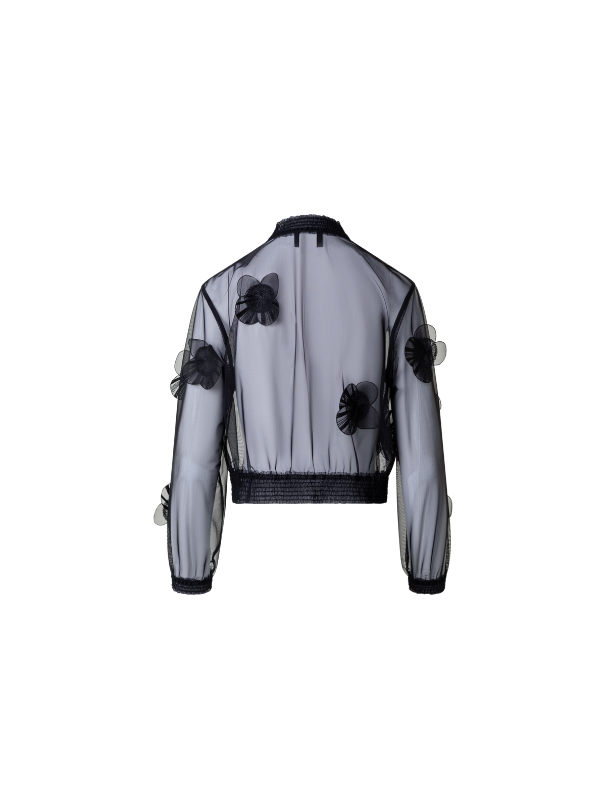 Designer Transparente Tüll-Bomberjacke mit Poppy Blumen - Schwarz