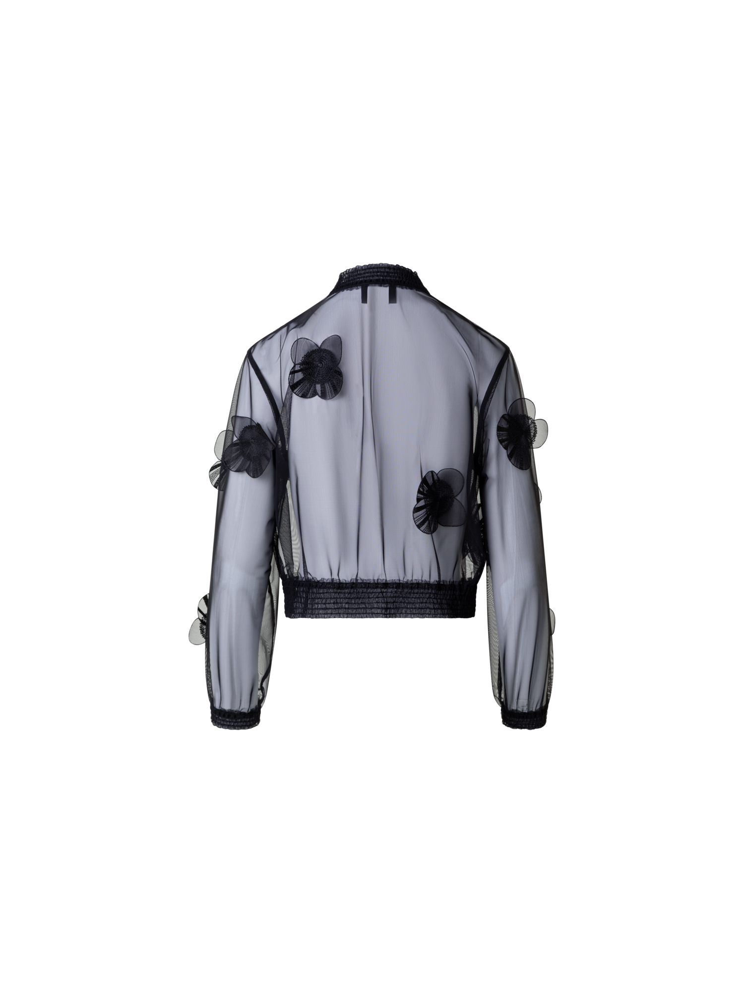 Designer Transparente Tüll-Bomberjacke mit Poppy Blumen - Schwarz