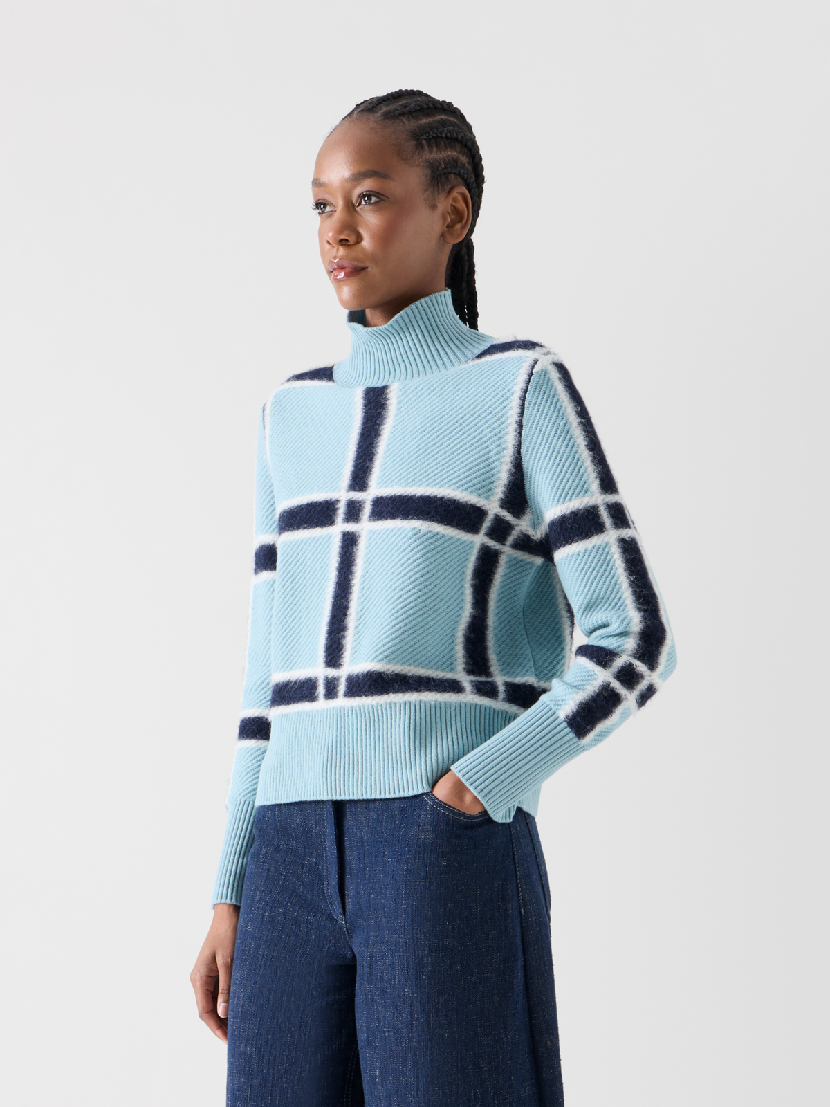 Designer Wolle-Kaschmir Pullover mit Intarsia-Karo - Blau 
