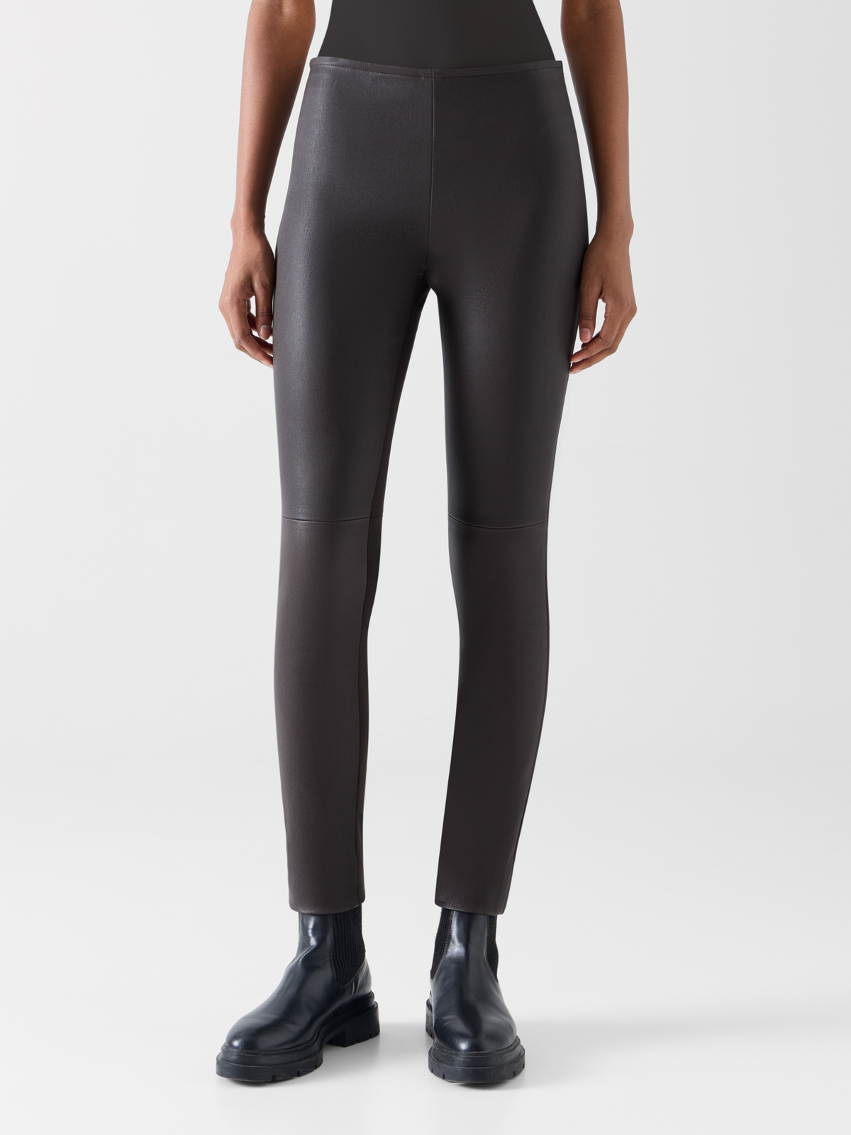 Designer Skinny Hose mit Nappaleder-Front und Jersey-Rücken - Braun 
