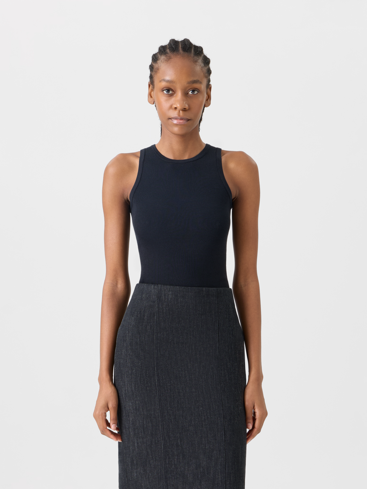 Designer Ärmelloses geripptes Seidenstrick-Top - Schwarz 