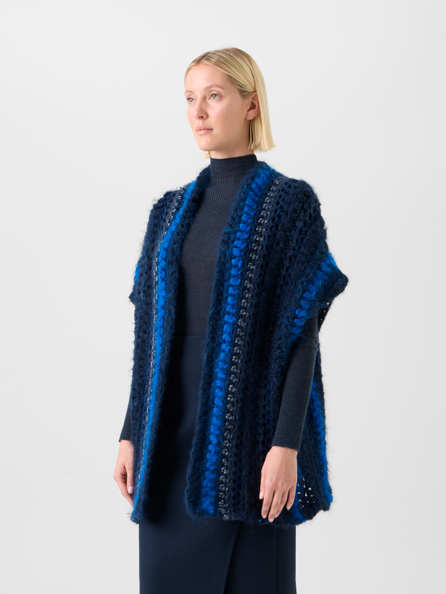 Designer Grob gehäkeltes Kaschmir Seiden Streifen Gilet - Blau - Bunt 