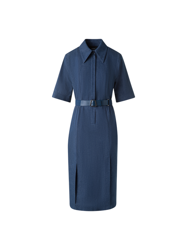 Designer Kurzarm-Hemdkleid aus Baumwoll-Denim - Blau