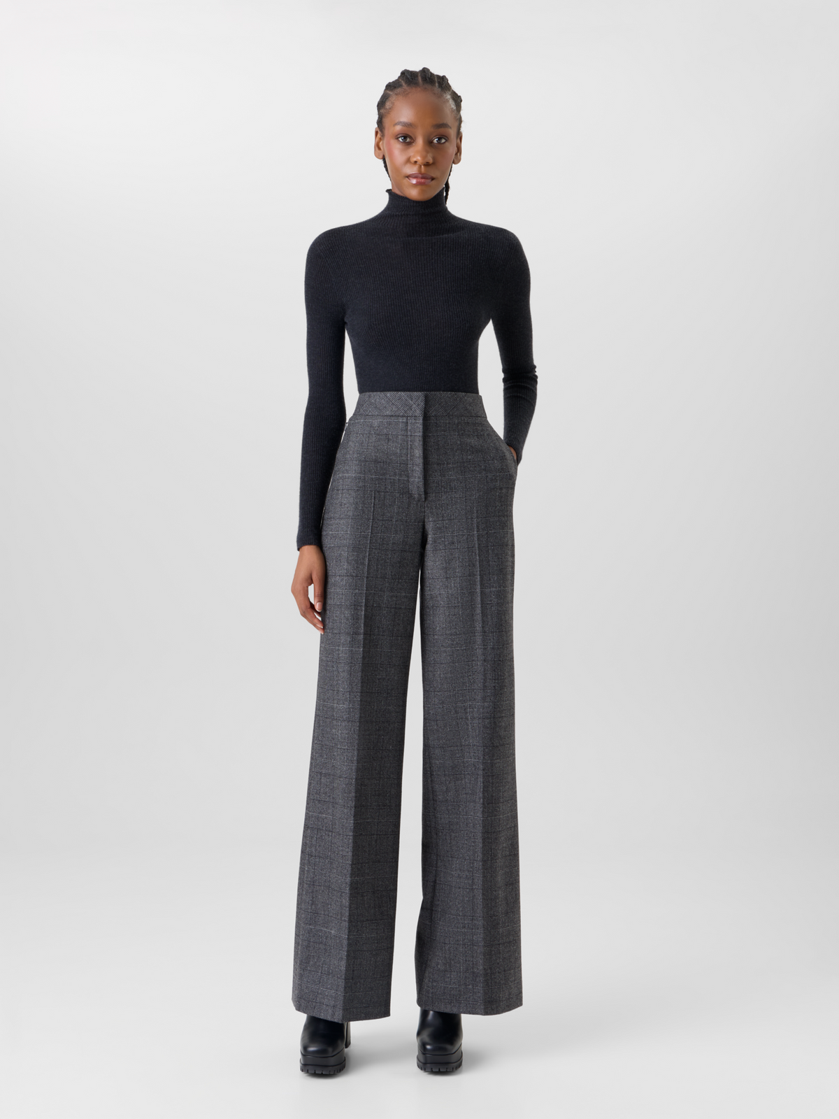 Designer Weite Hose aus Wolle mit Glencheck - Grau - Schwarz 