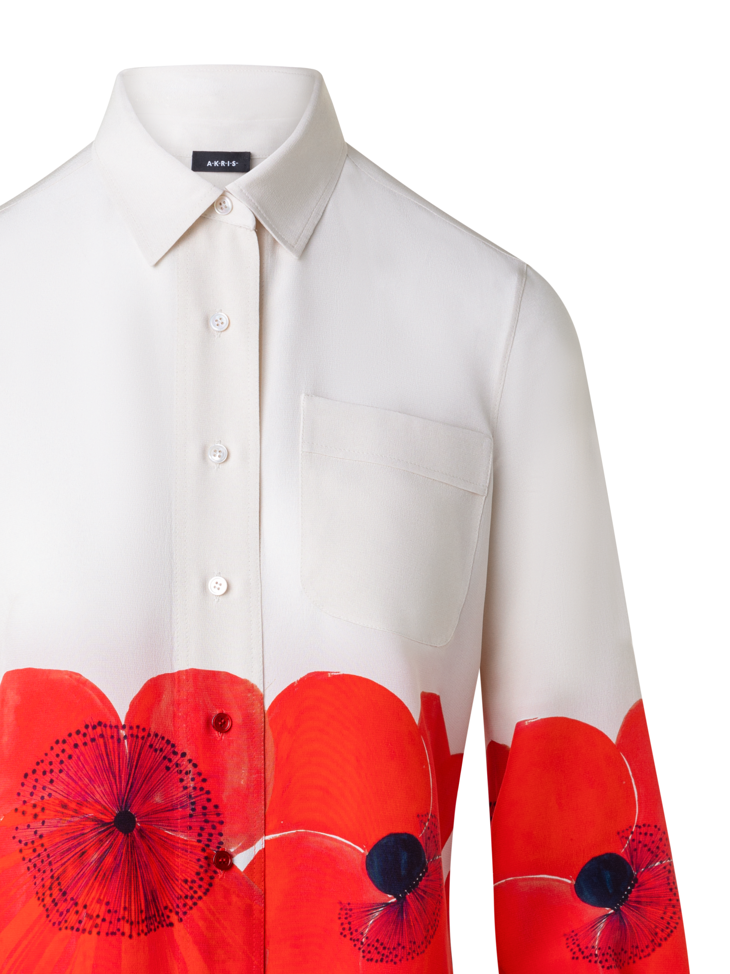 Designer Seiden-Crêpe-Bluse mit Poppy Druck - Bunt - Rot