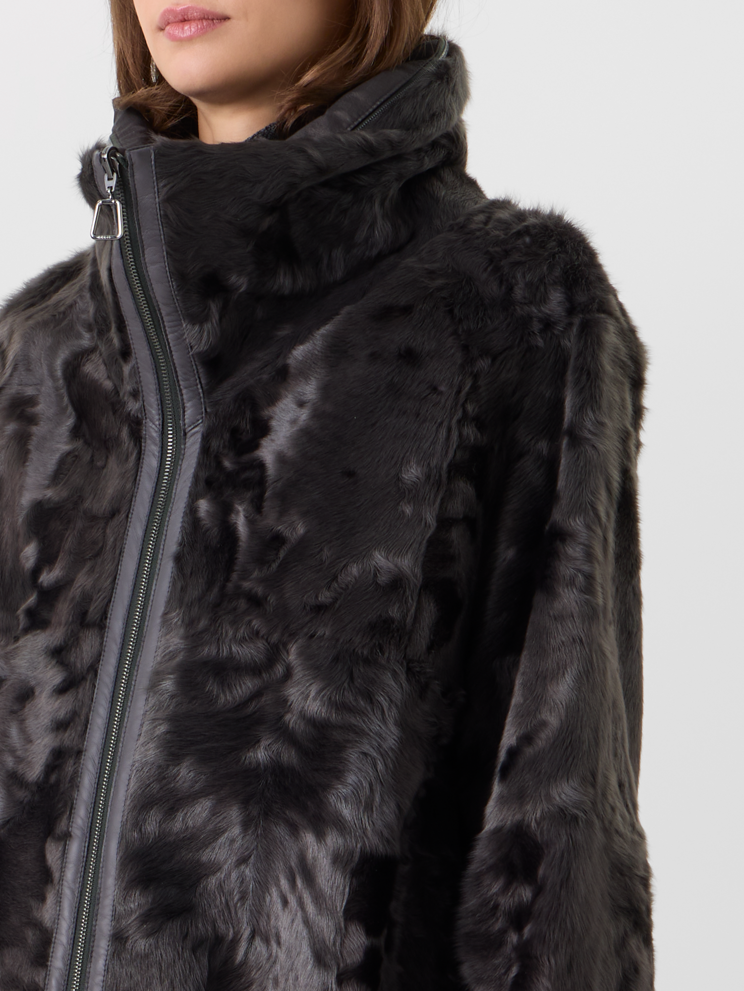Designer Lamm-Shearling-Parka wendbar zu Seide - Grau 