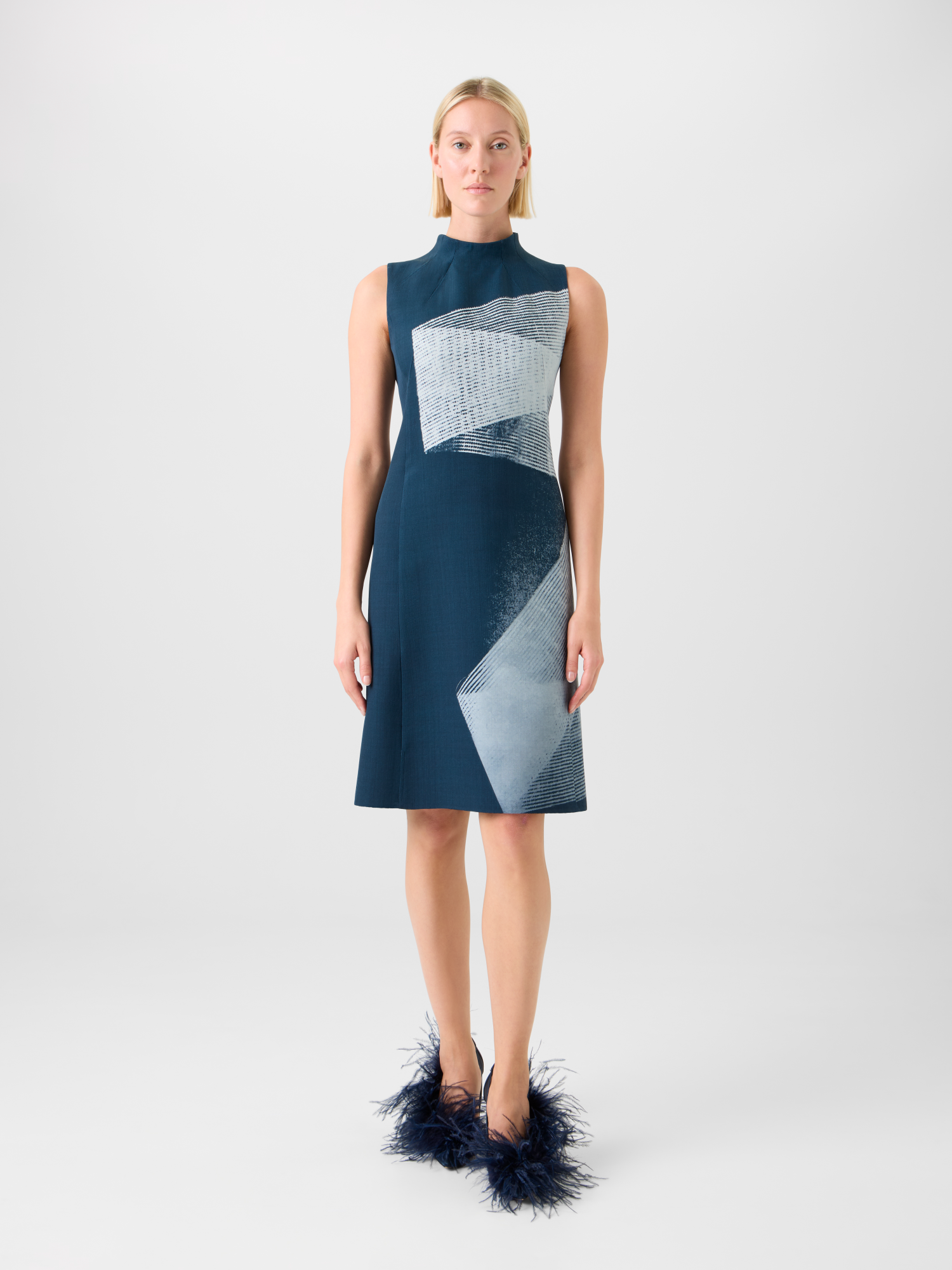 Designer Woll Doubleface Sheath Dress in Zigzag Print - Dunkelblau - Blau - Bunt 