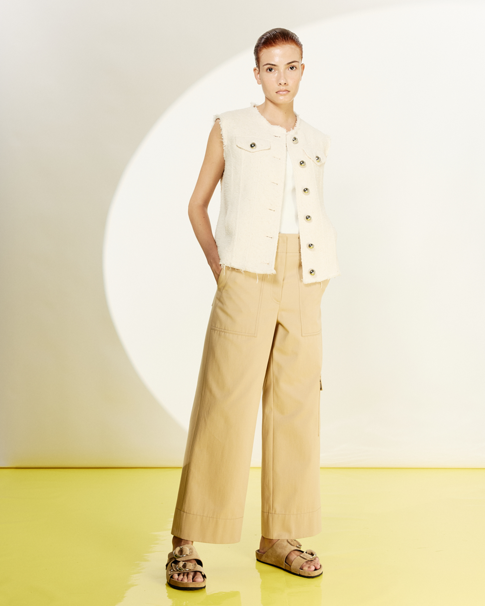 Designer Oversize-Weste aus Sommer-Bouclé-Baumwolle - Ecru 