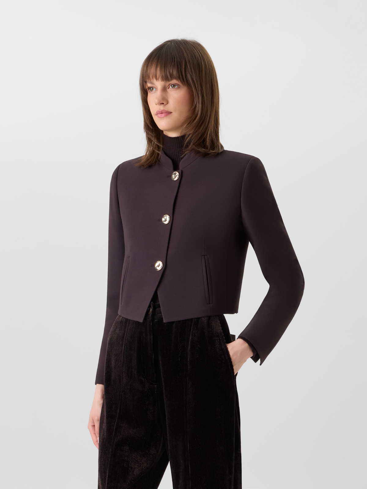 Designer Kurze Woll-Double-Face Jacke mit Goldknöpfen - Braun 