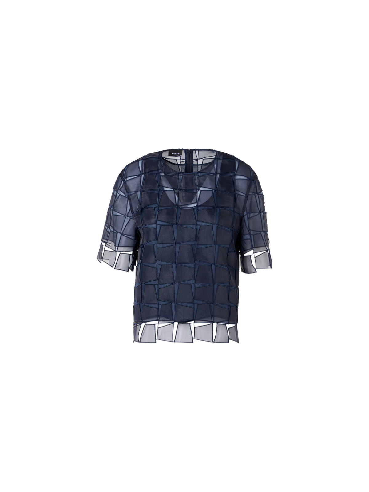 Designer Kurzärmelige Bluse mit Trapez-Stickerei aus Organza - Dunkelblau