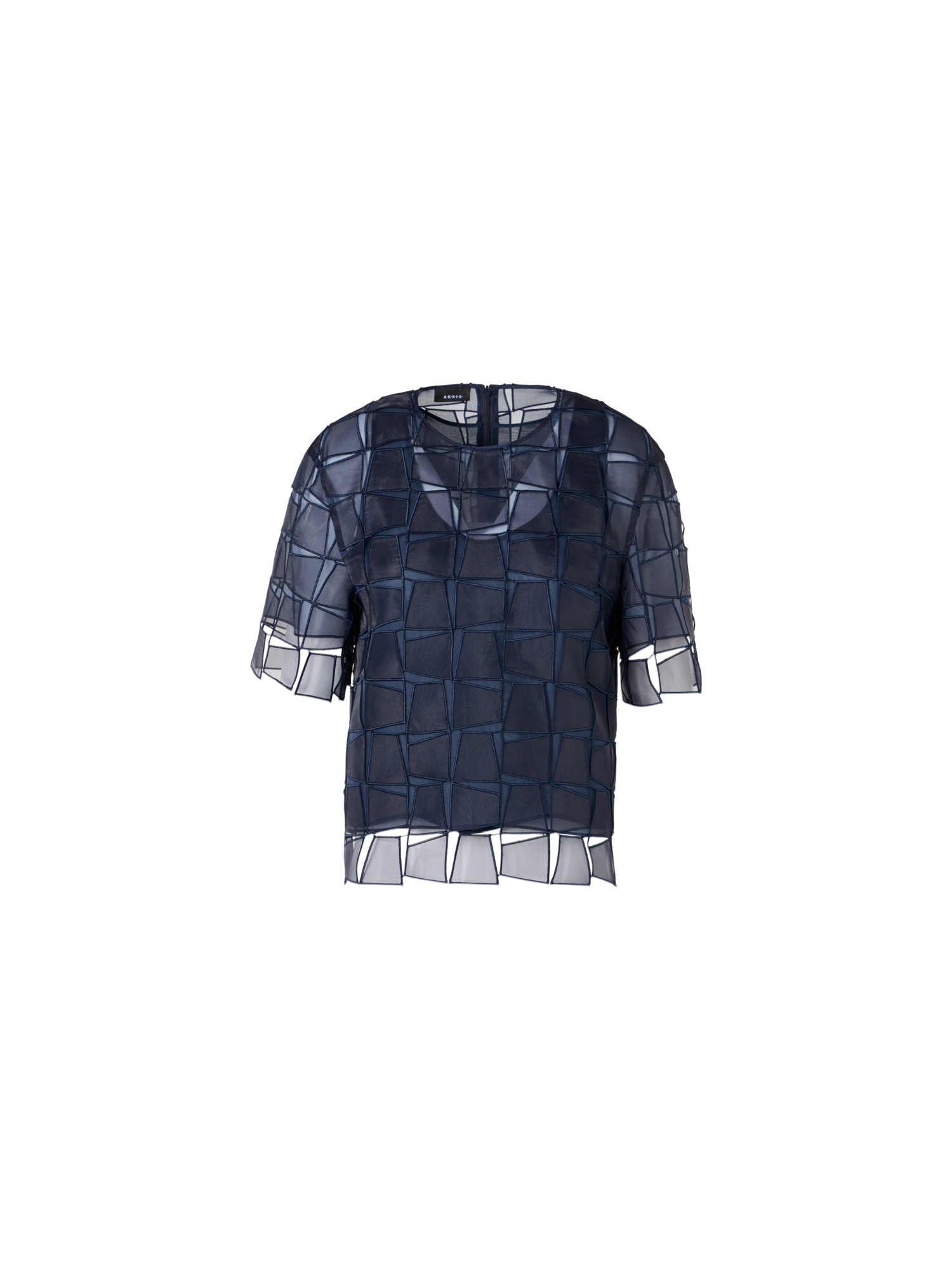Designer Kurzärmelige Bluse mit Trapez-Stickerei aus Organza - Dunkelblau