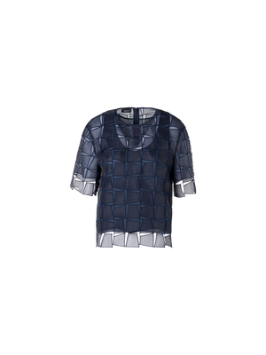 Designer Kurzärmelige Bluse mit Trapez-Stickerei aus Organza - Dunkelblau
