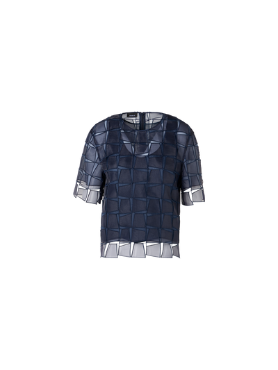 Designer Kurzärmelige Bluse mit Trapez-Stickerei aus Organza - Dunkelblau
