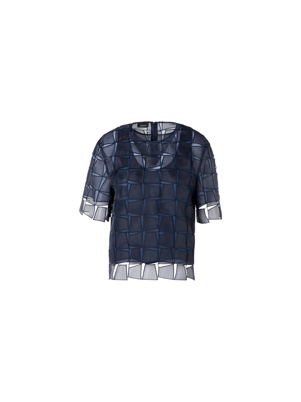 Designer Kurzärmelige Bluse mit Trapez-Stickerei aus Organza - Dunkelblau