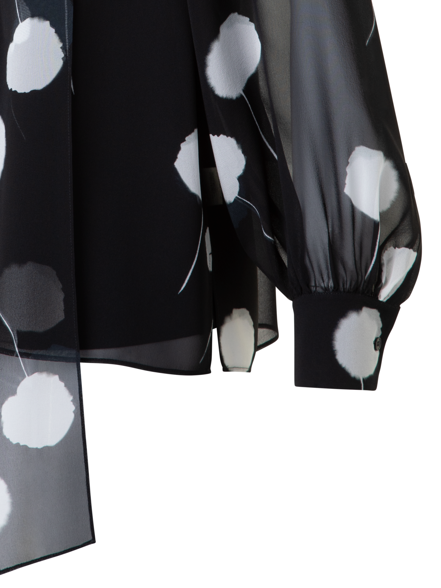 Designer Seidenbluse mit Schleife und Dandelion Druck - Schwarz - Bunt