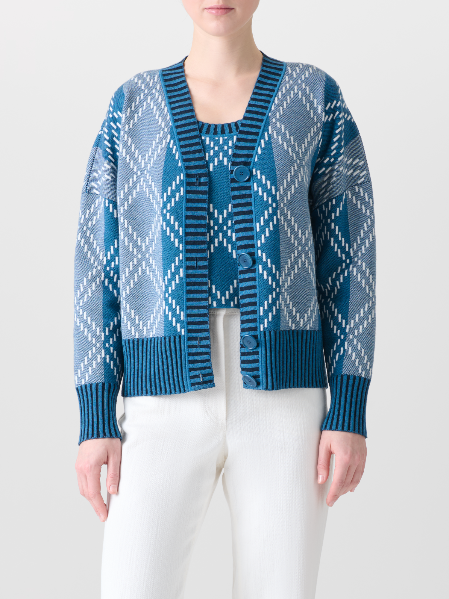 Designer Merino-Cardigan mit Diamant-Jacquard - Blau - Bunt 