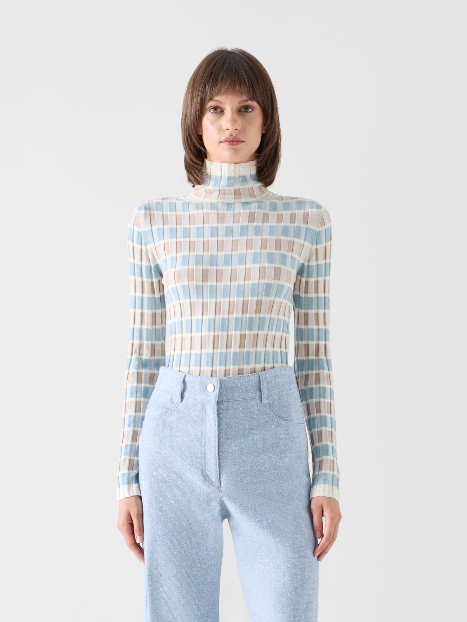 Designer Taillierter Merino-Ripppullover mit Karo-Intarsia - Bunt 