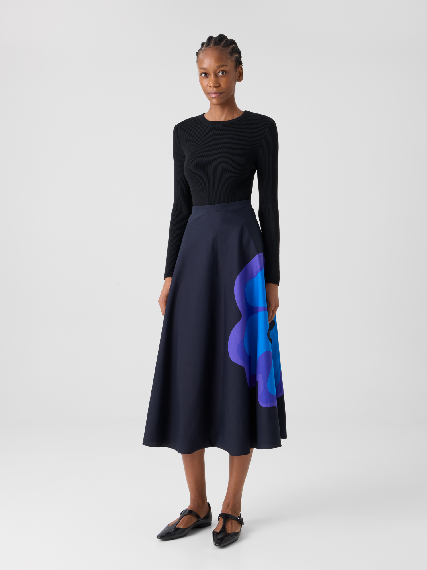 Designer XL-Midirock mit Pop-Dot-Blumenmuster - Dunkelblau 