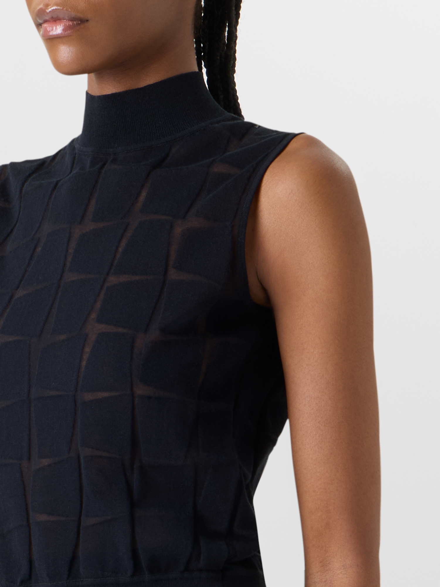 Designer Ärmelloses Stricktop aus tonalem Trapez-Jacquard - Schwarz 