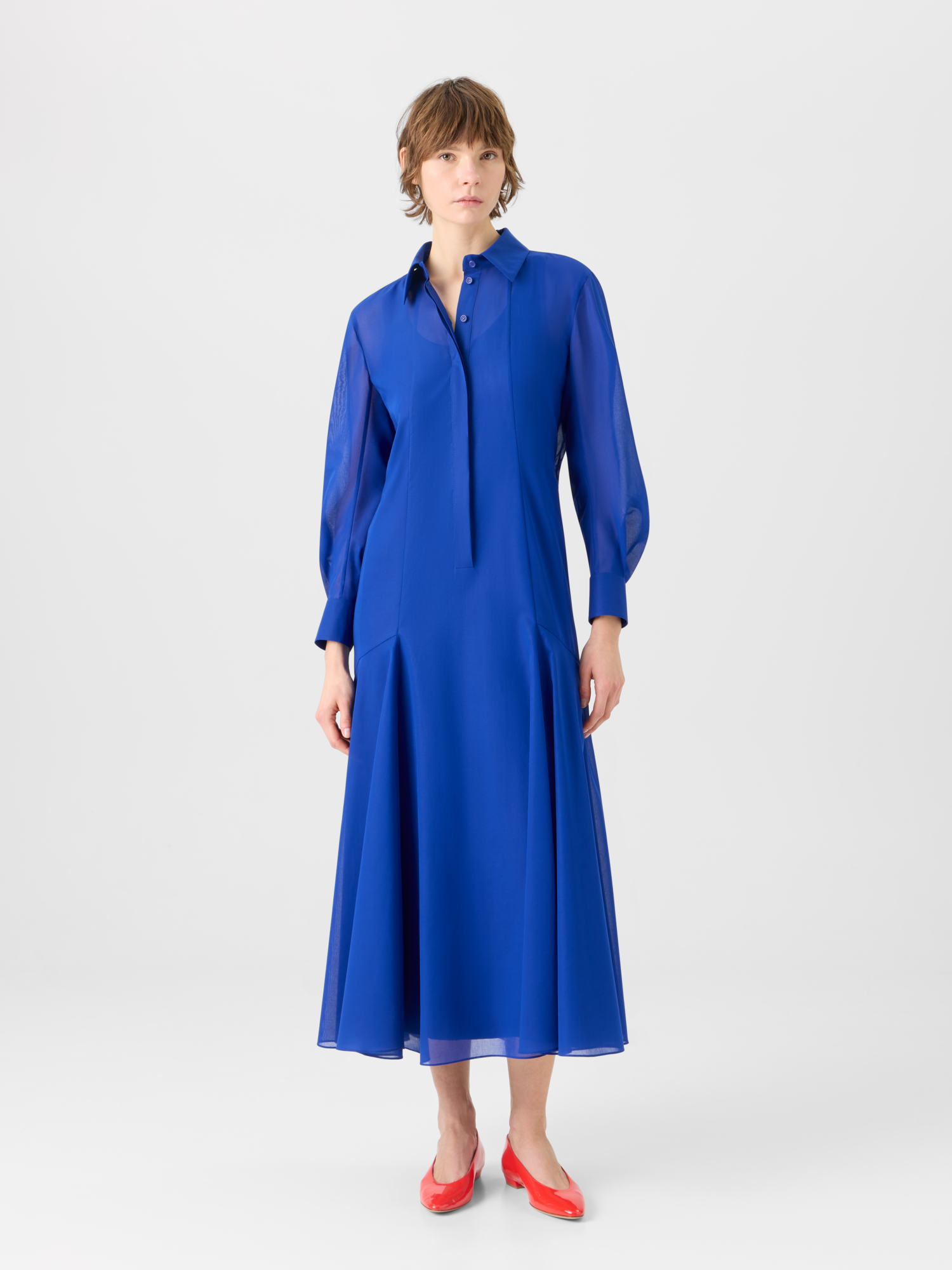 Designer Midikleid in A-Linie aus Baumwoll-Voile - Blau