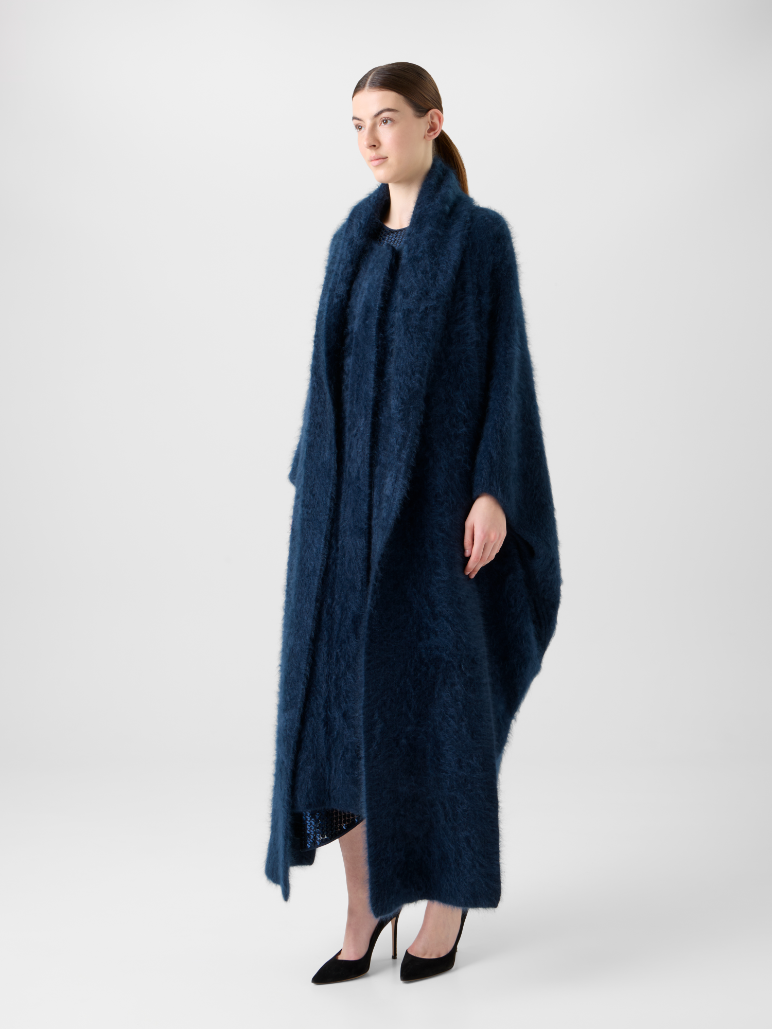 Designer Langes Kaschmir Cape mit Schal-Kapuze - Dunkelblau - Blau 