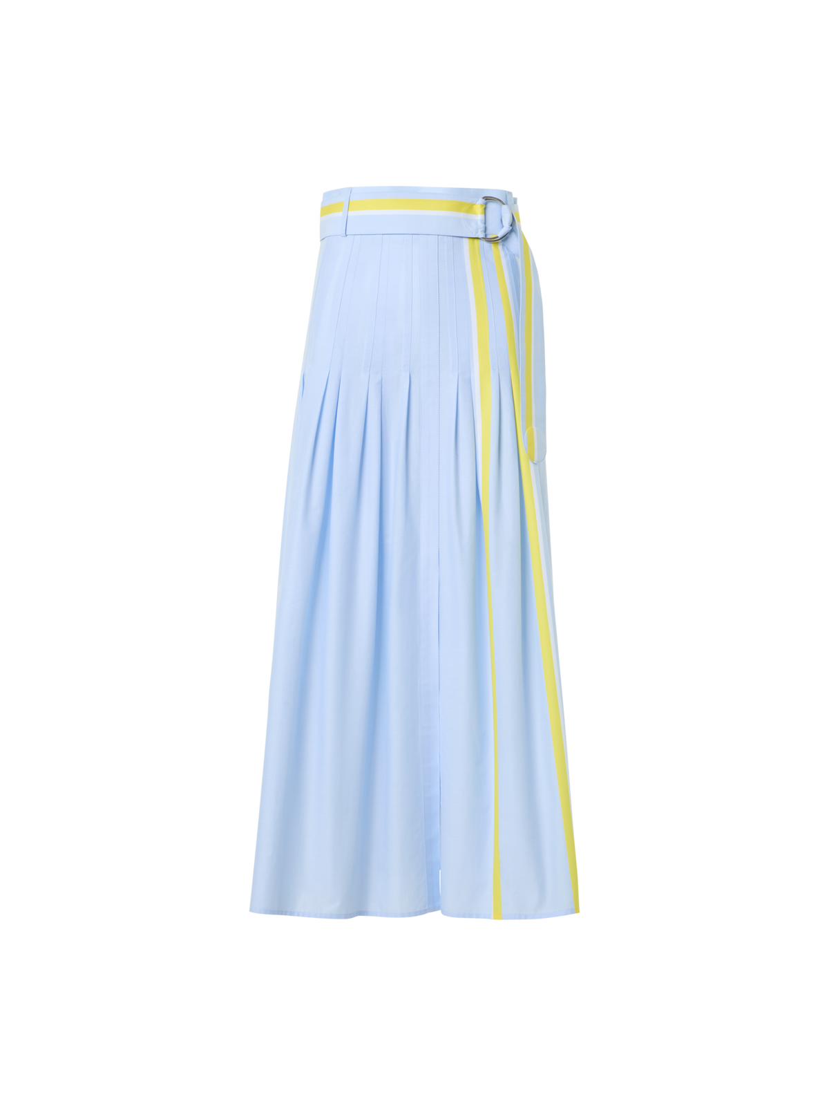 Designer Plissierter gestreifter Baumwoll-Chambray-Midirock mit Gürtel - Blau - Bunt