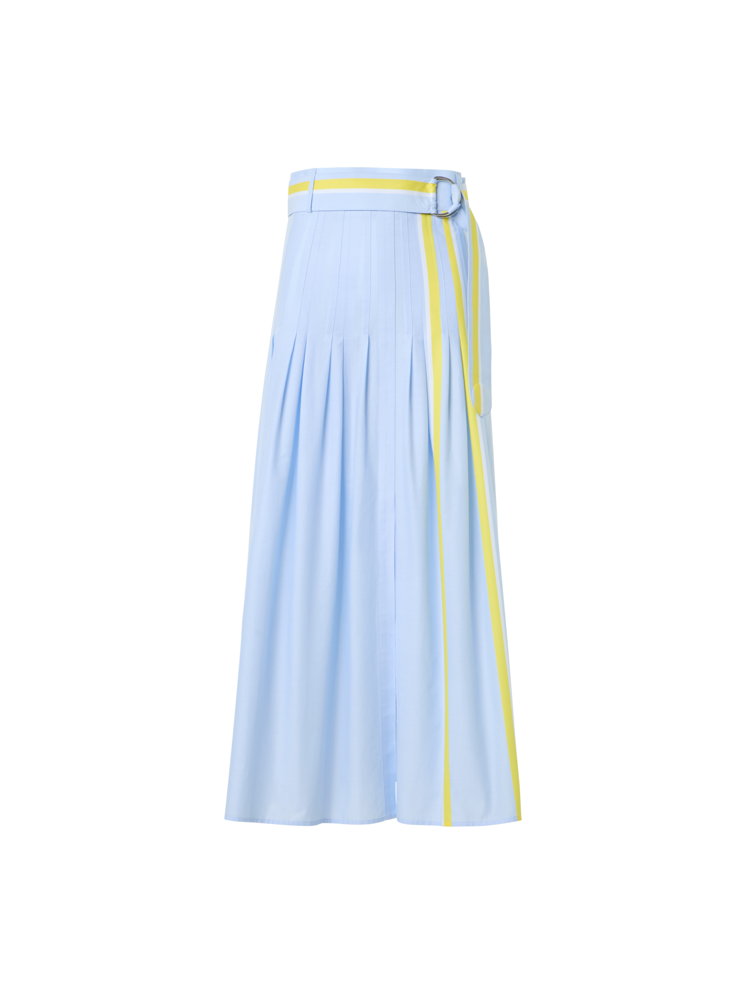 Designer Plissierter gestreifter Baumwoll-Chambray-Midirock mit Gürtel - Blau - Bunt