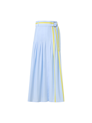 Designer Plissierter gestreifter Baumwoll-Chambray-Midirock mit Gürtel - Blau - Bunt