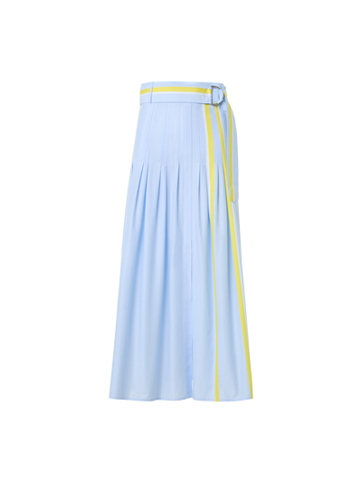 Designer Plissierter gestreifter Baumwoll-Chambray-Midirock mit Gürtel - Blau - Bunt