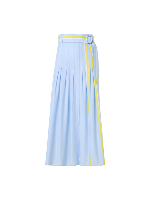 Designer Plissierter gestreifter Baumwoll-Chambray-Midirock mit Gürtel - Blau - Bunt