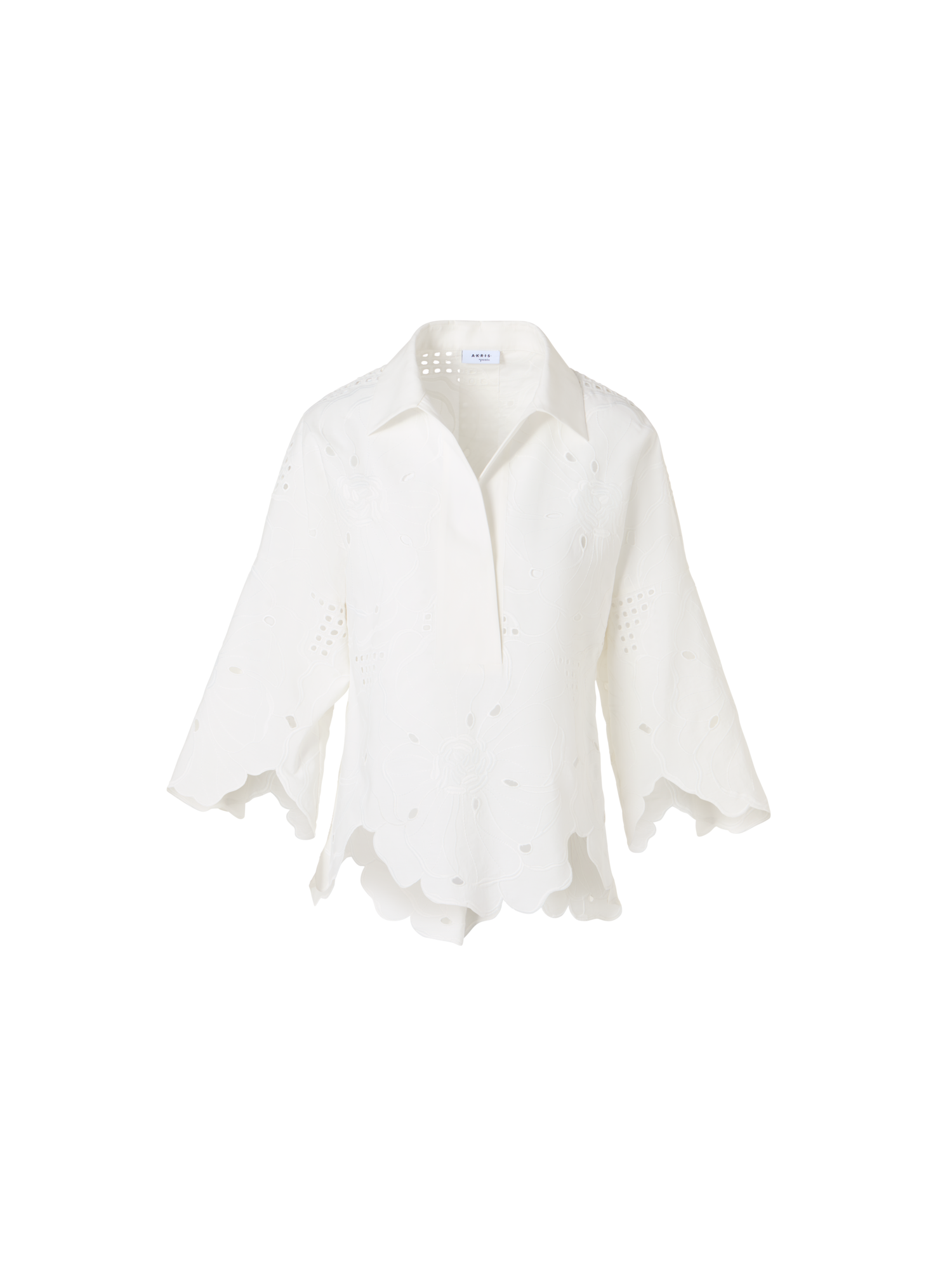 Designer 3/4-Arm-Bluse mit Blumen-Lochstickerei - Weiss