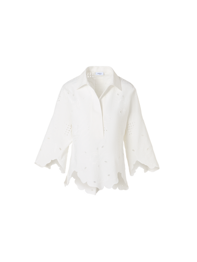 Designer 3/4-Arm-Bluse mit Blumen-Lochstickerei - Weiss