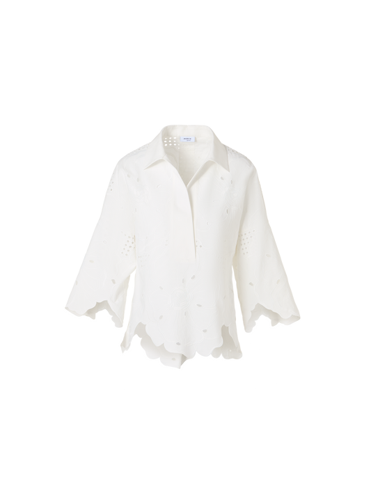 Designer 3/4-Arm-Bluse mit Blumen-Lochstickerei - Weiss
