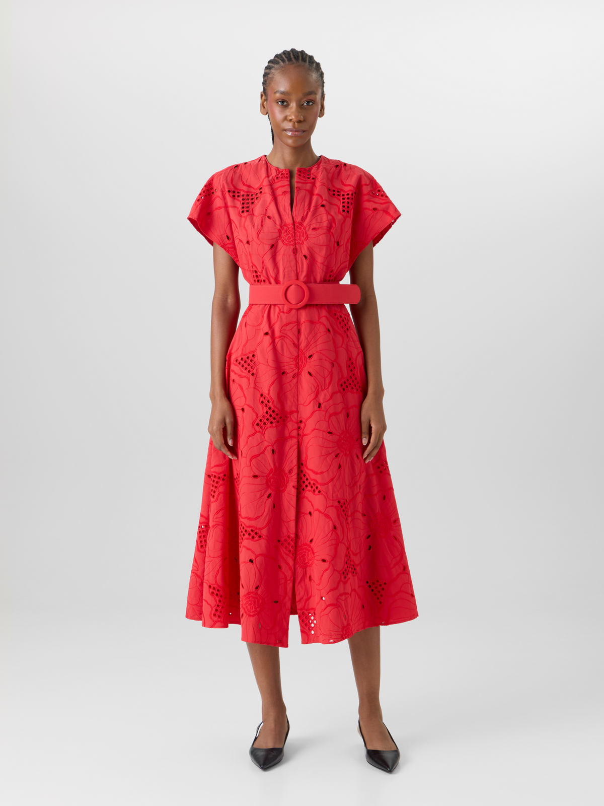 Designer Midikleid mit Blumen-Lochstickerei - Rot #editorial