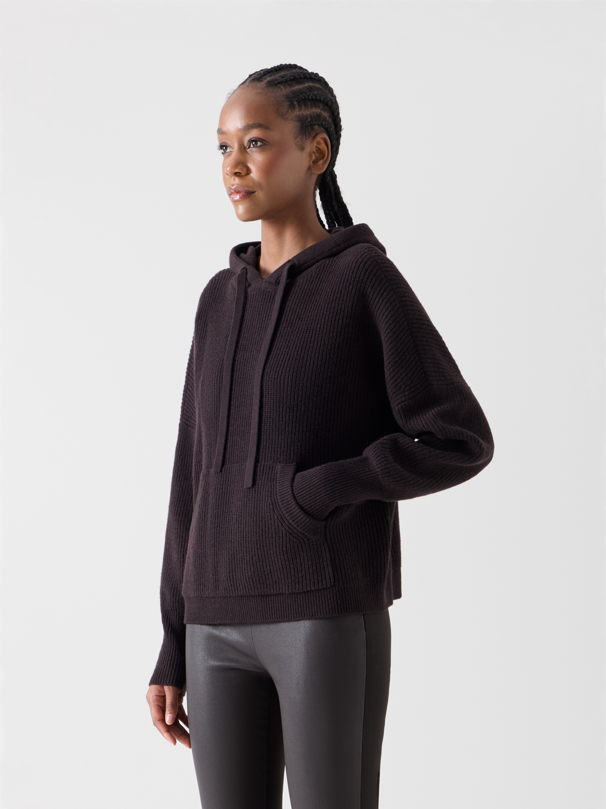 Designer Wolle-Kaschmir Hoodie mit Fronttasche - Braun 